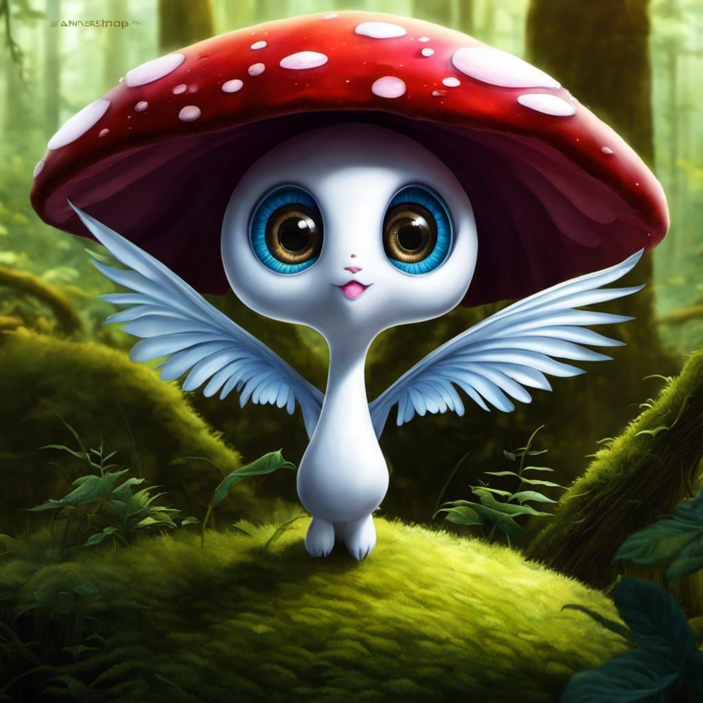 Winged Mushroom Creature in Vibrant Forest