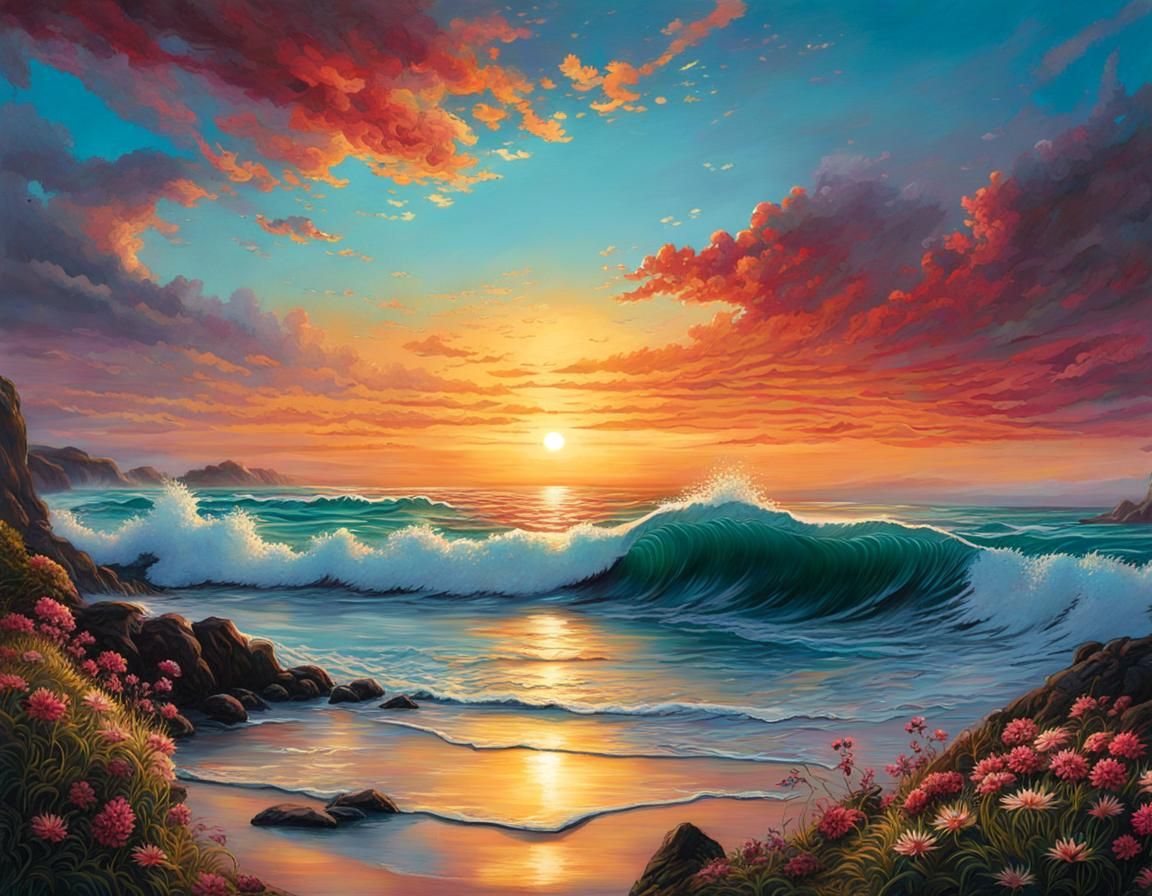 Summer Seascape Sunrise in Digital Airbrush Style