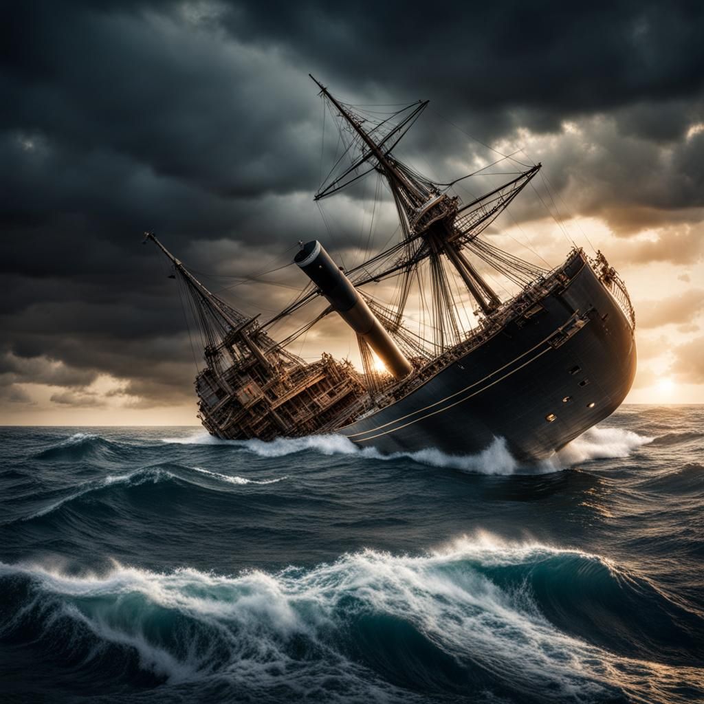 Ship Collision at Sea in Hyperrealistic Style