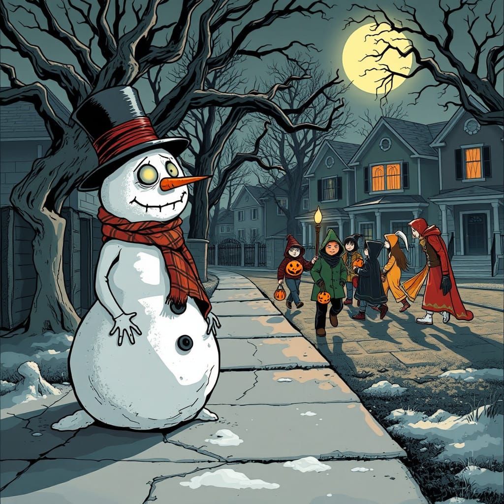 Melancholic Snowman Watches Trick-or-Treaters on a Creepy Ha...