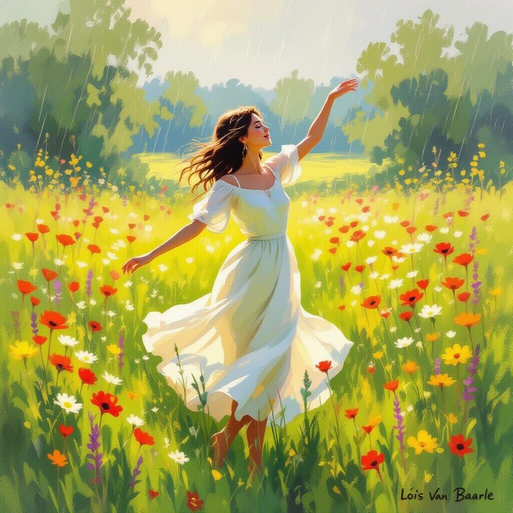 Woman Dancing in Summer Rain, Impressionist Style