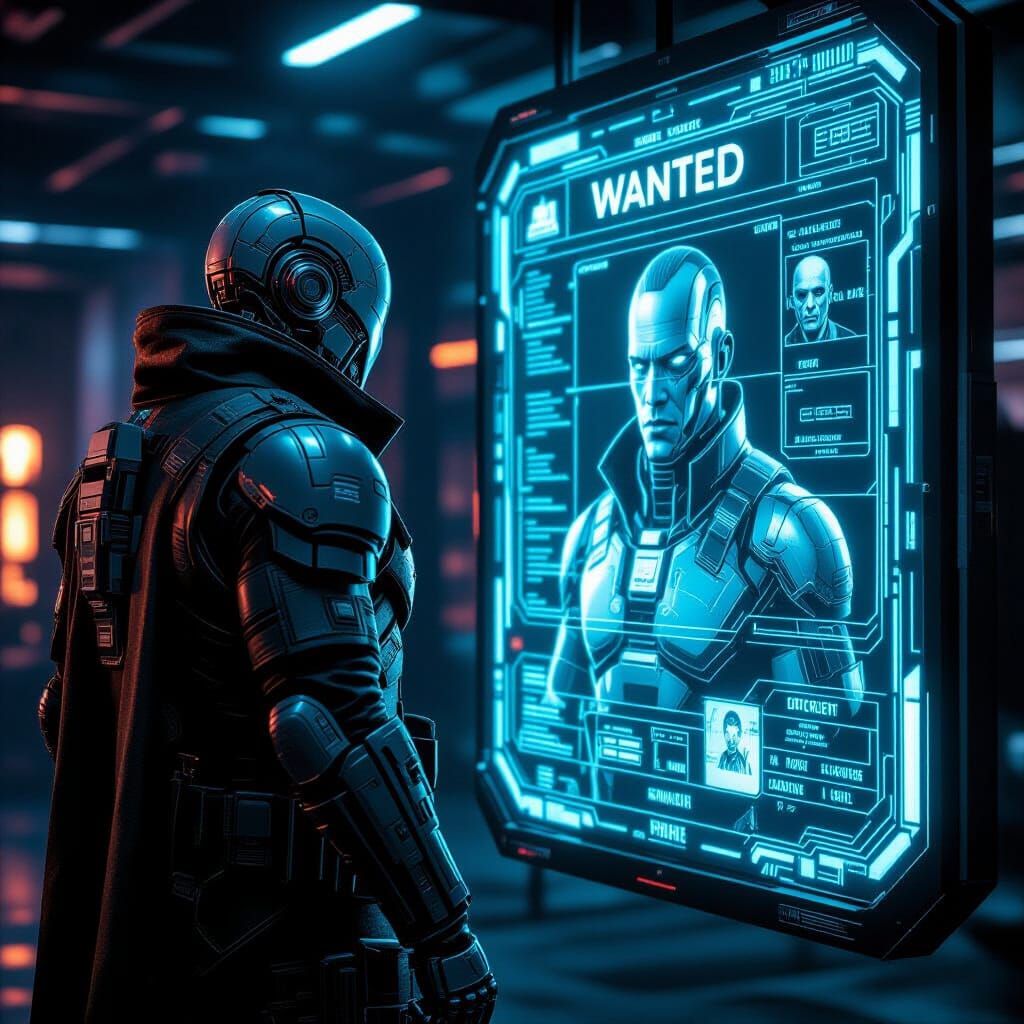 Cyborg Bounty Hunter in Neo-Noir Style