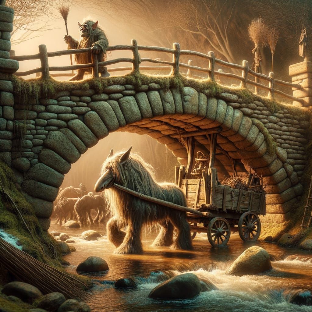 Fantasy Stone Bridge with Troll and Wagon