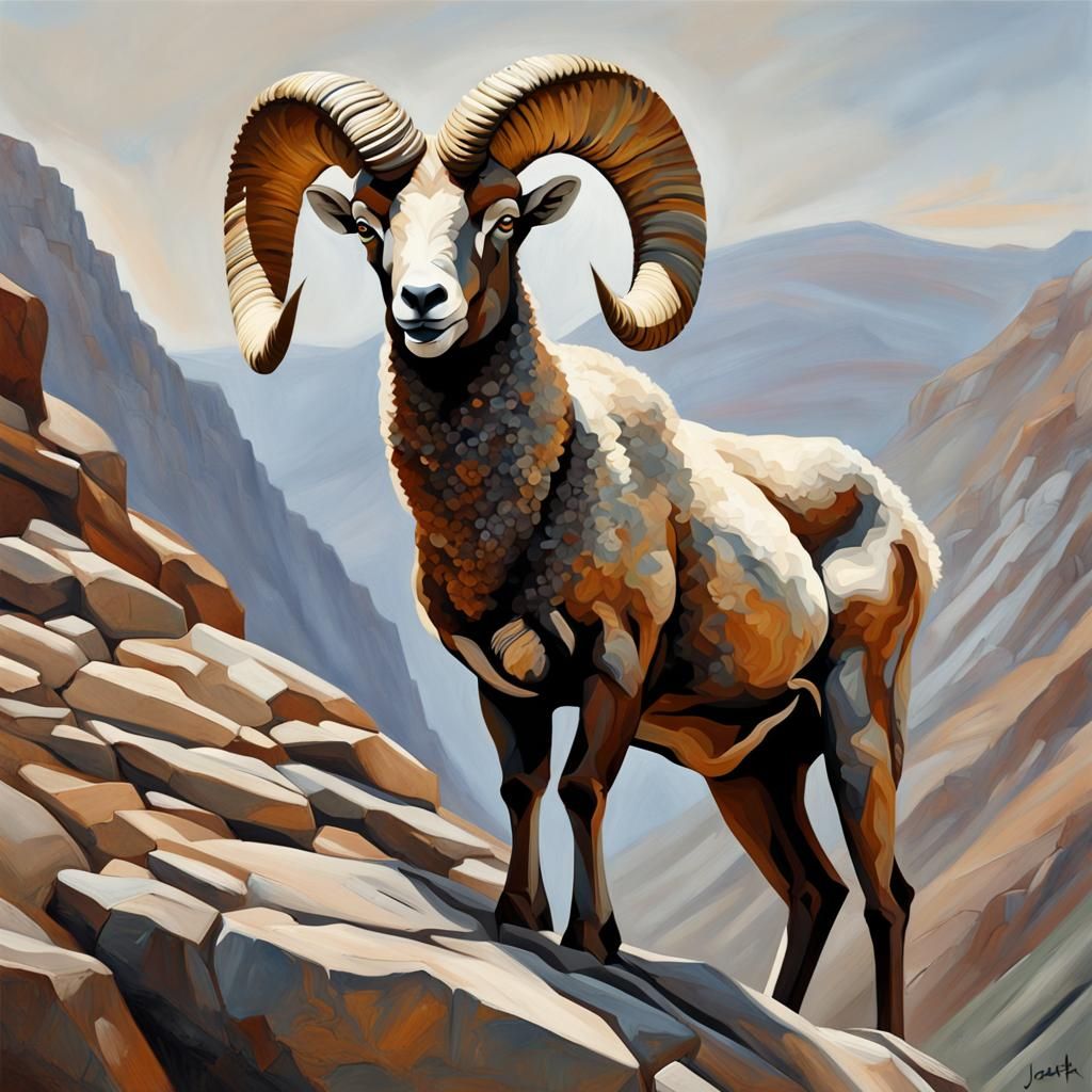 Bighorn Ram on Rocky Mountain as Oil Painting