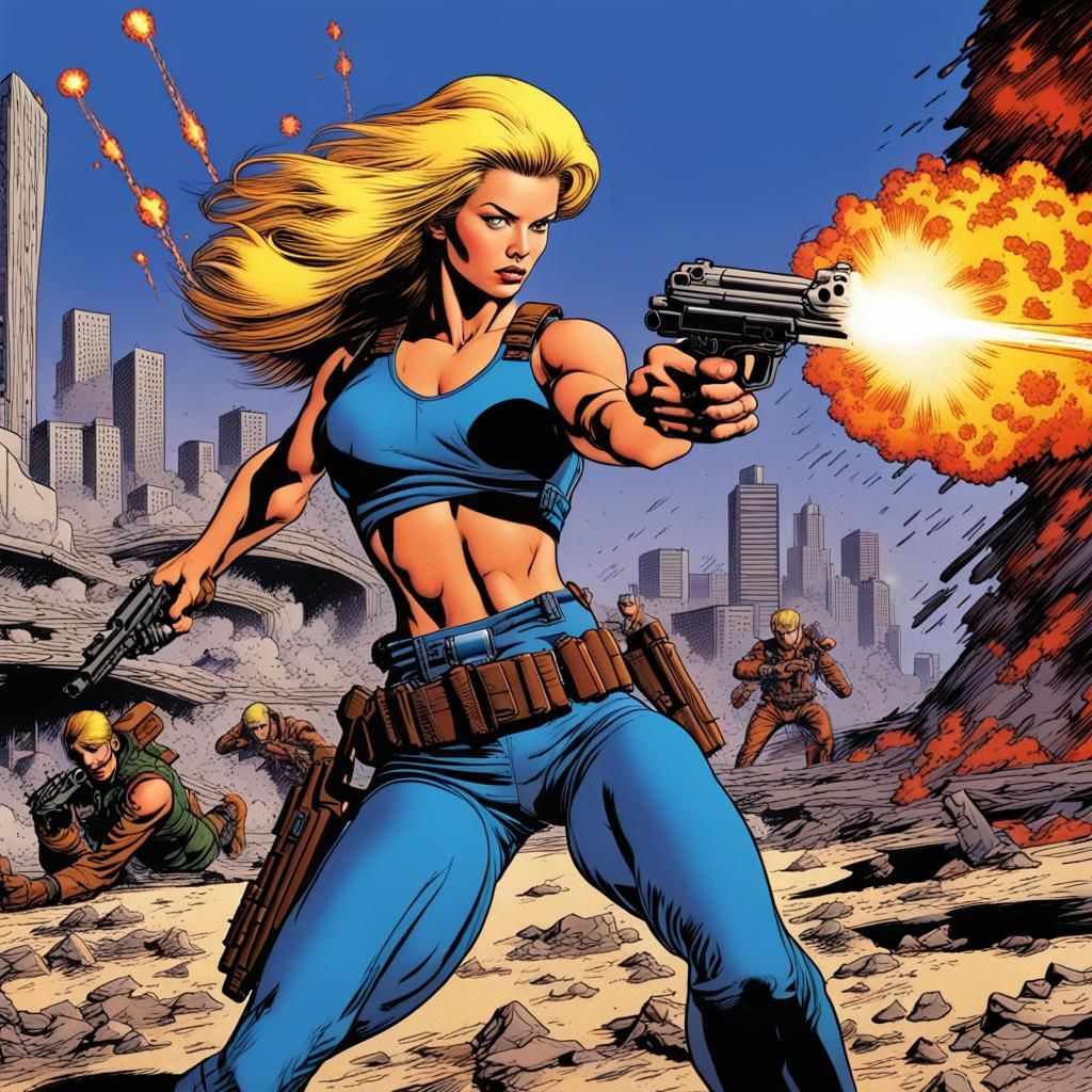 Female Action Hero in Explosive Comic Book Scene