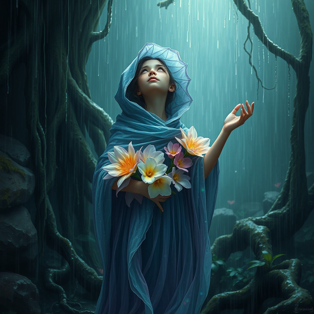 Ethereal Flower Girl in Rainy Fantasy Landscape