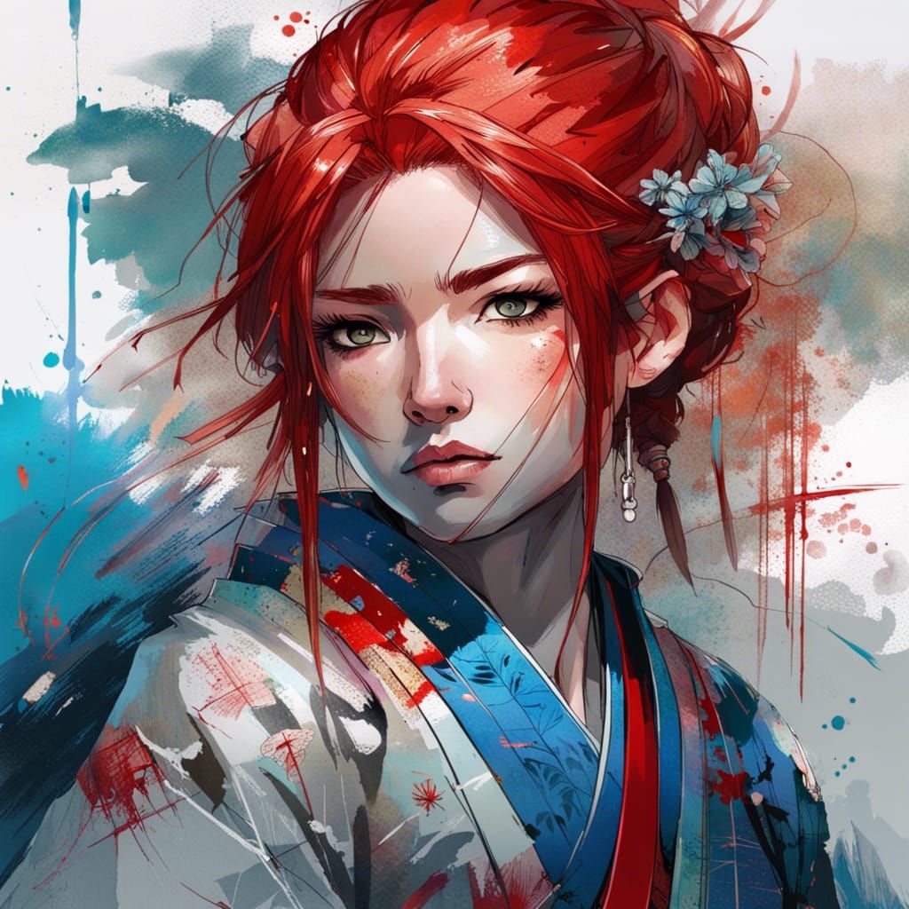 Red-Haired Samurai Princess Manga Portrait