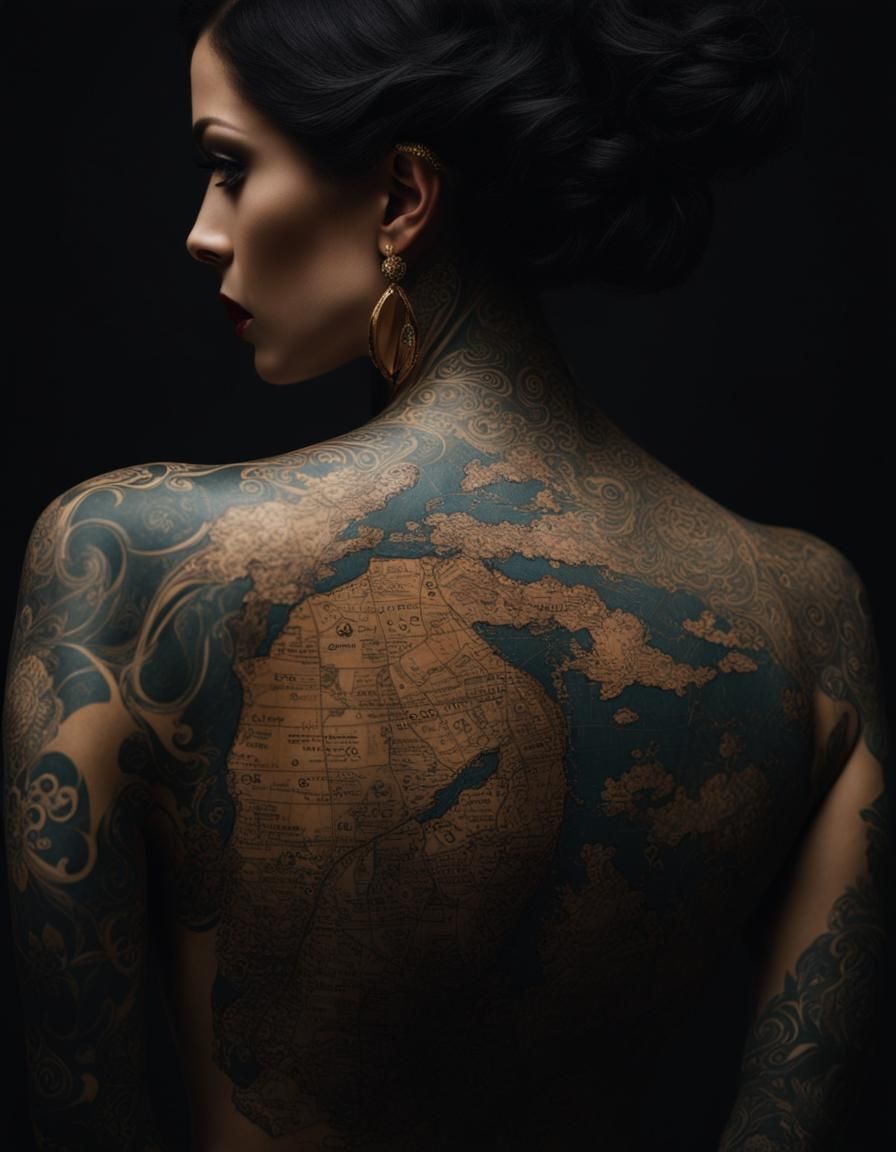 Woman's Map Tattoo in Klimt-Inspired Style
