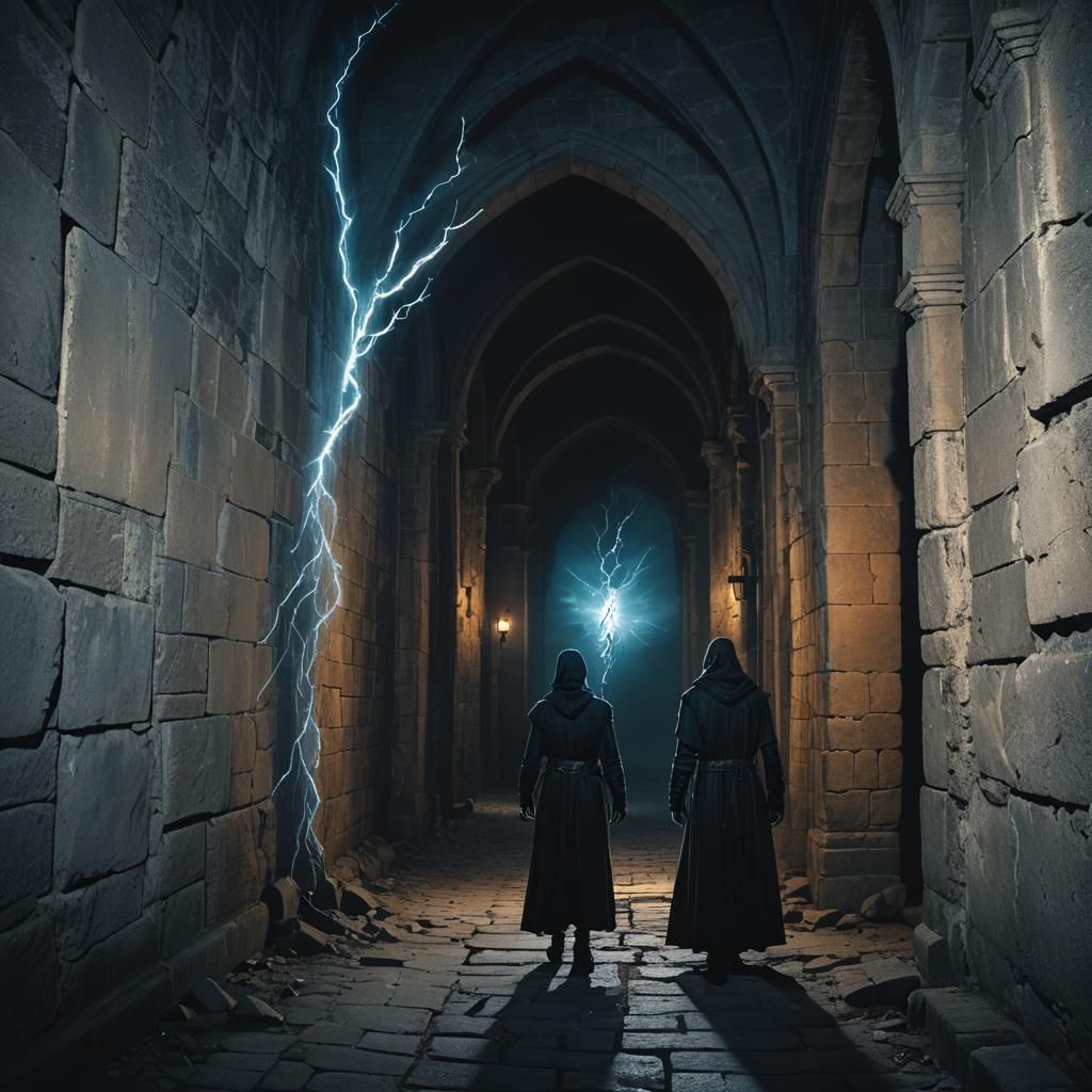 Gothic Castle Corridor: Dark Surrealism in Electric Blue