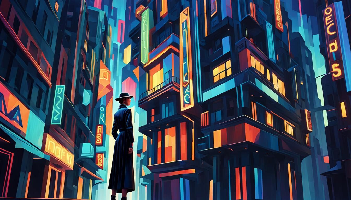 Angular Art Deco Cityscape in Geometric Fauvism Style