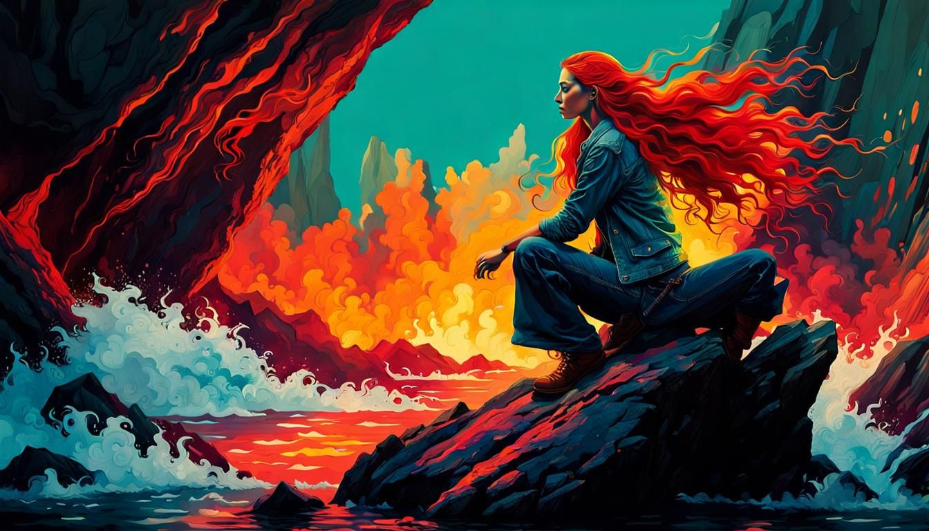 Fiery Ride: Hippie on Lava Boulder, Digital Art