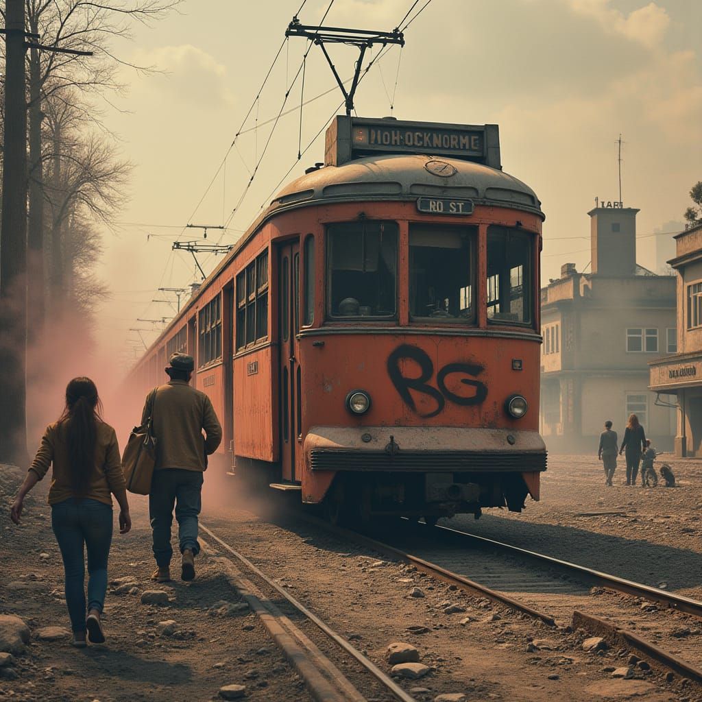 Um trem abandonado e enferrujado avança lentamente sobre trilhos quebrados em meio a um cenário pós-apocalíptico devasta...