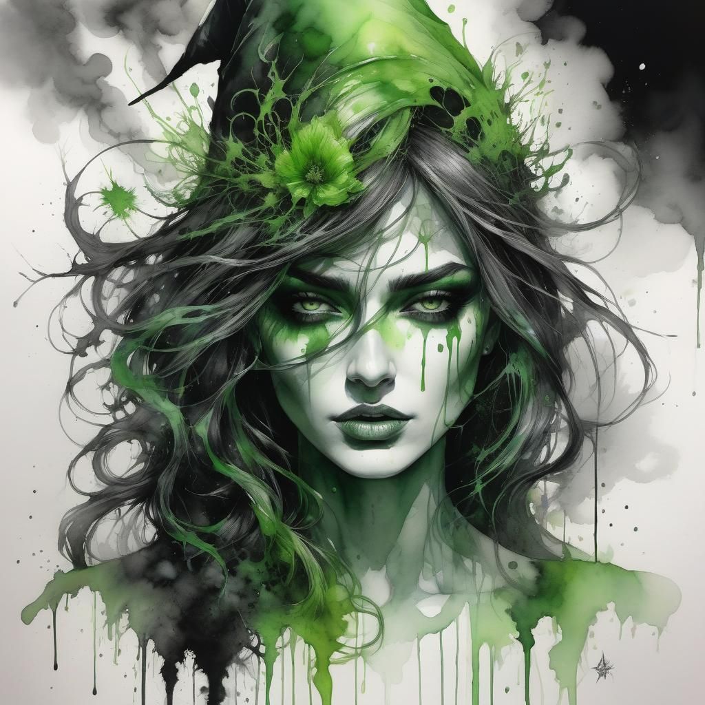 Green Witch in Black and White Watercolor World