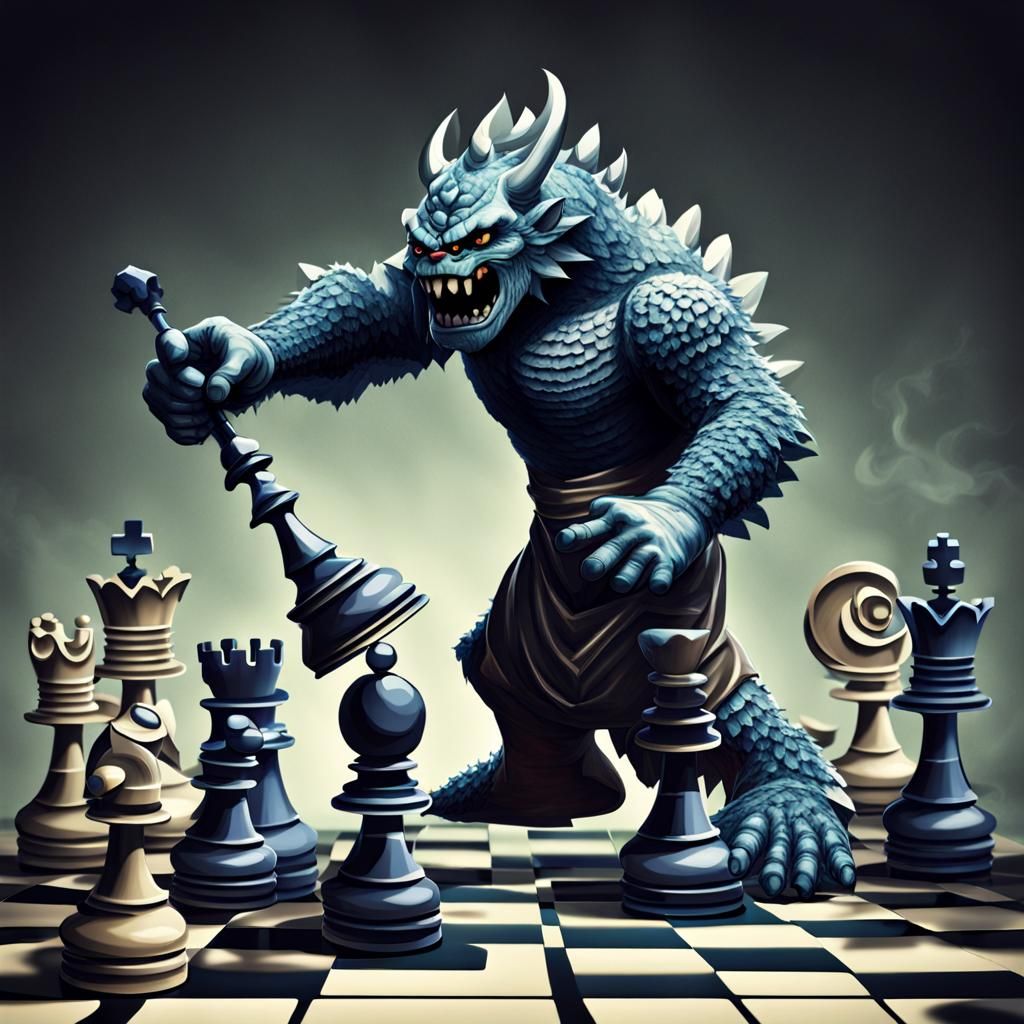Monster Chess Pieces Battle on Chessboard