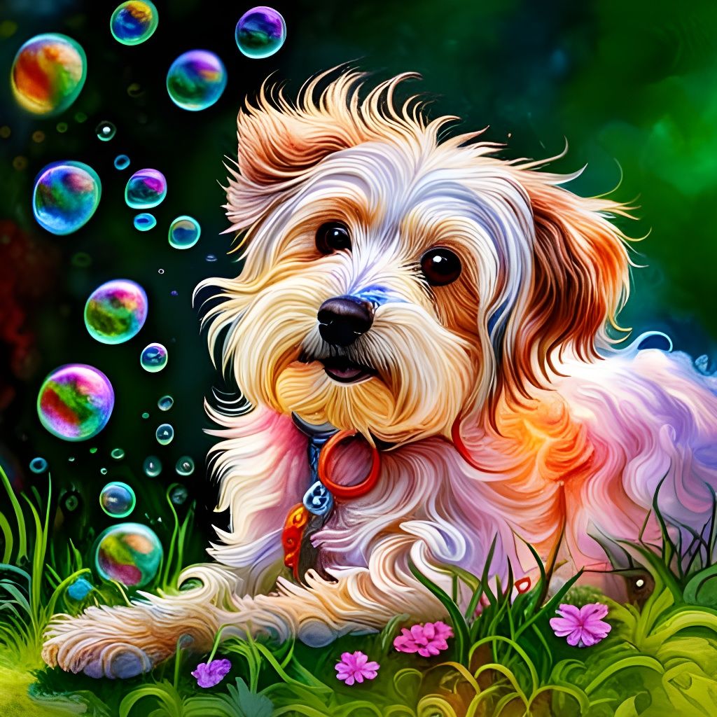 Cute Shaggy Dog Chasing Bubbles, Watercolor Art
