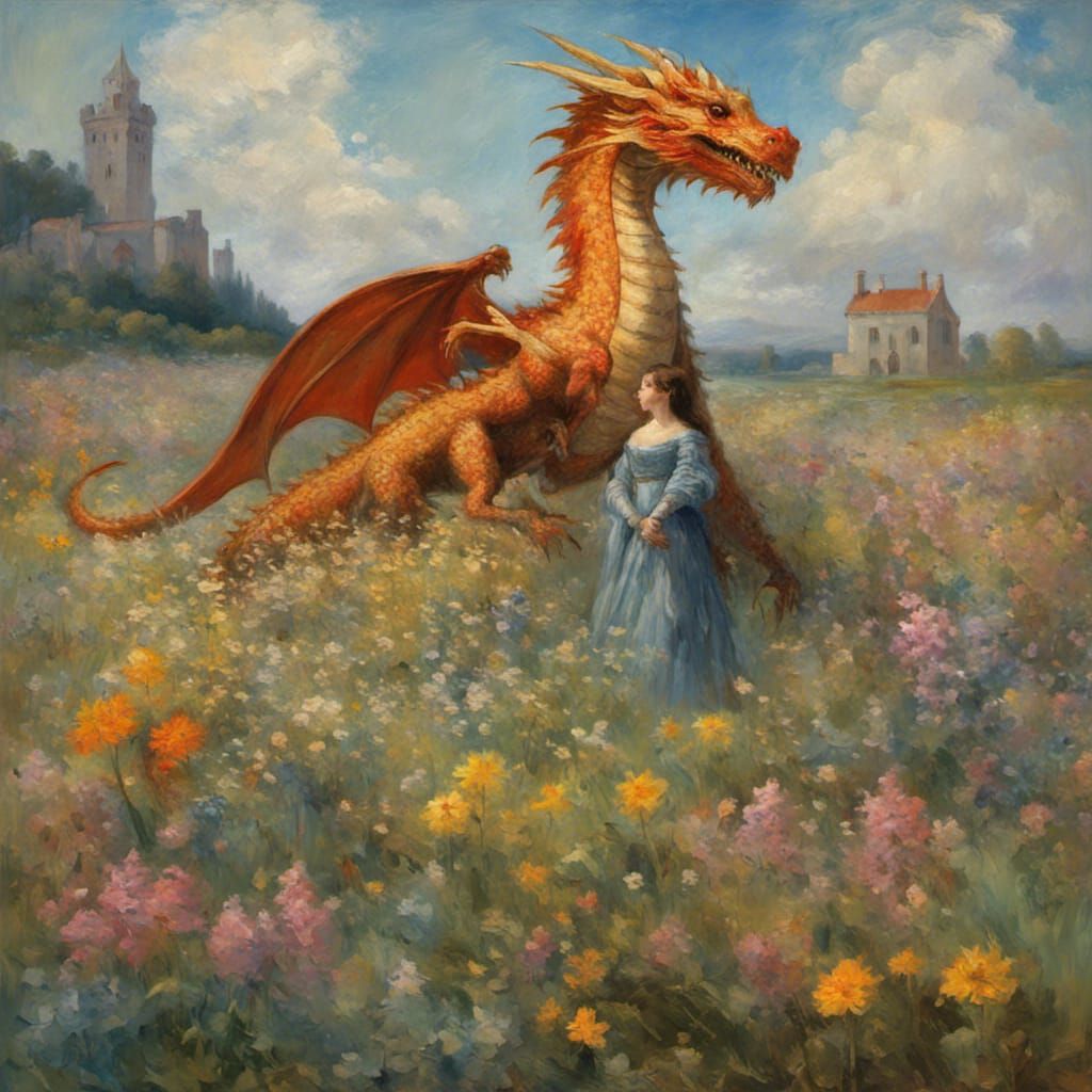Knight and Dragon in Impressionist Field