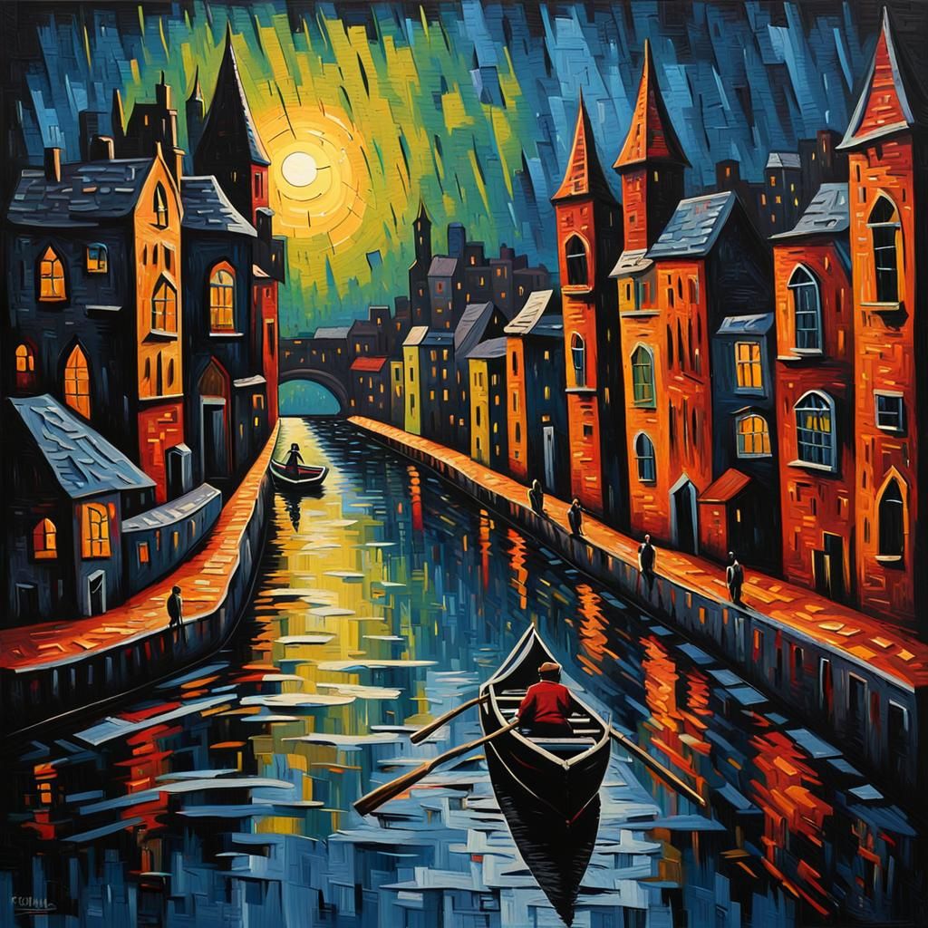 Expressionist Cityscape with River in Oil Painting Style