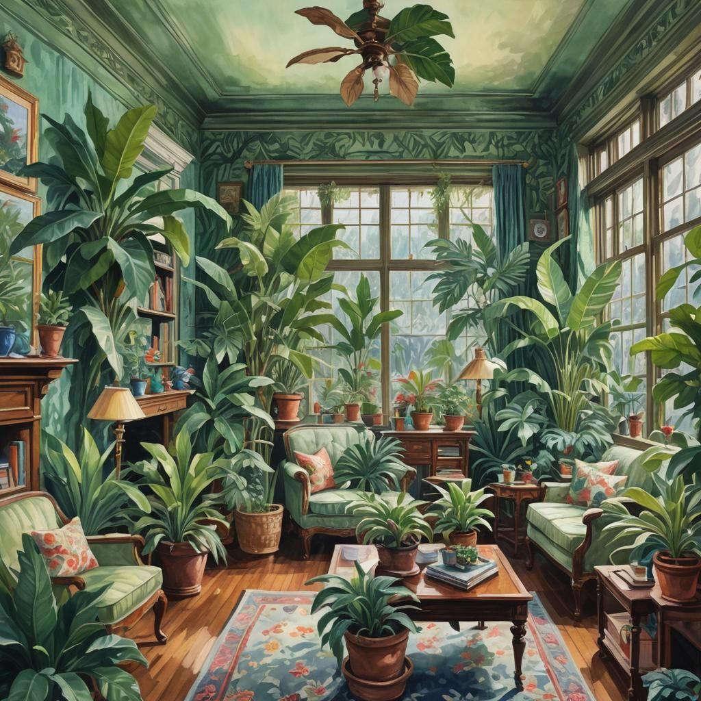 Victorian Room with Blizzard View, Gouache Style