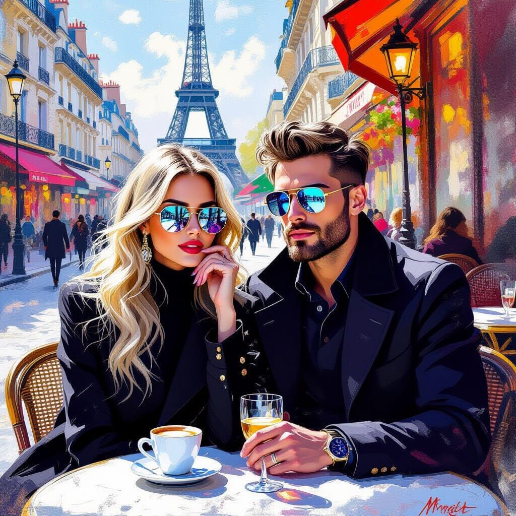 Parisian Cafe Couple in Impressionistic Oil Painting