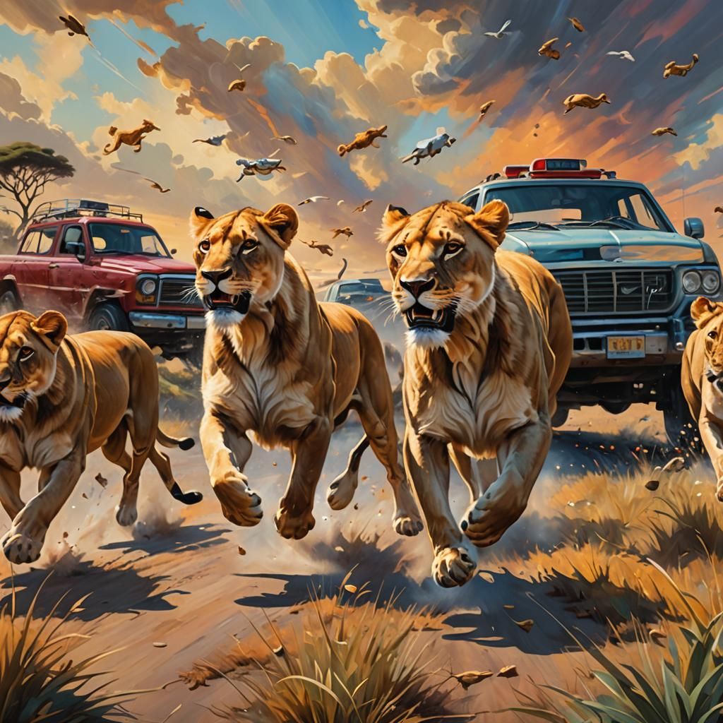 Lionesses and Cars in Surrealist Wildlife Art