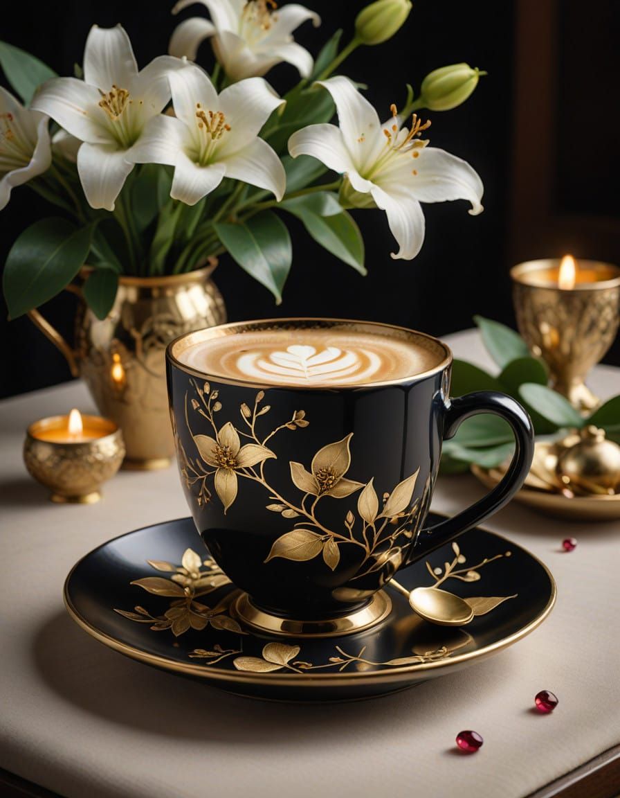 Luxurious Cappuccino in a Kintsugi Cup amidst a Floral Parad...