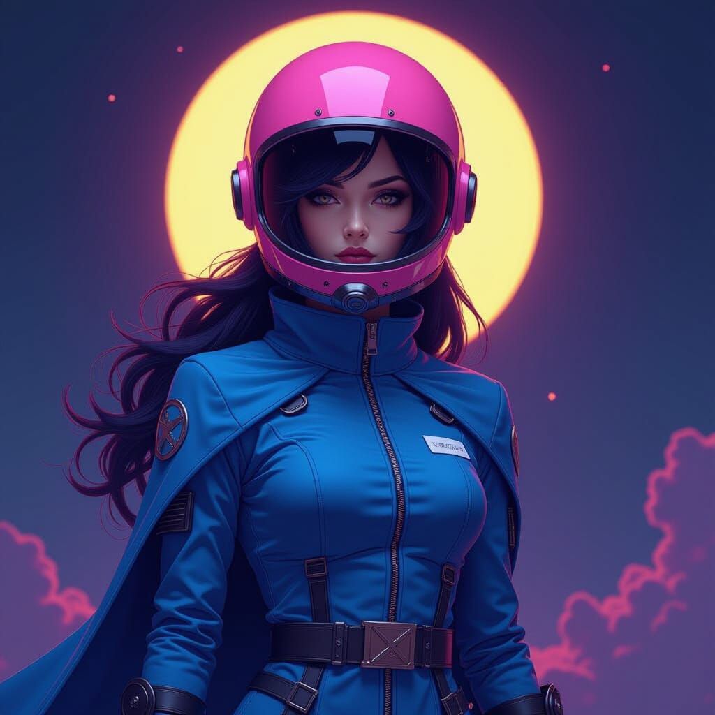 Space Girl in Blue with Pink Helmet, Dark Fantasy Art