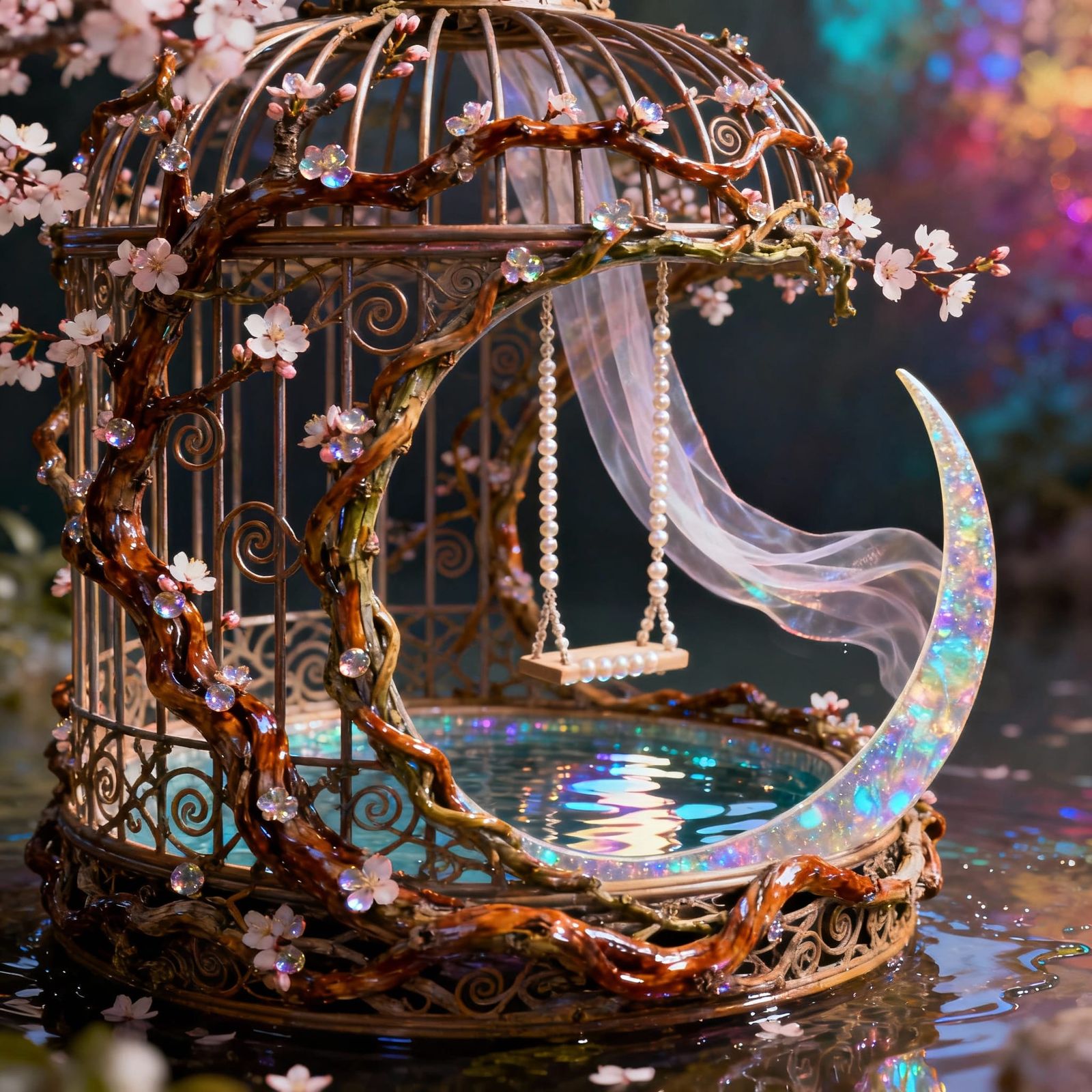 Japanese Cherry Vine Birdcage with Sakura Blooms