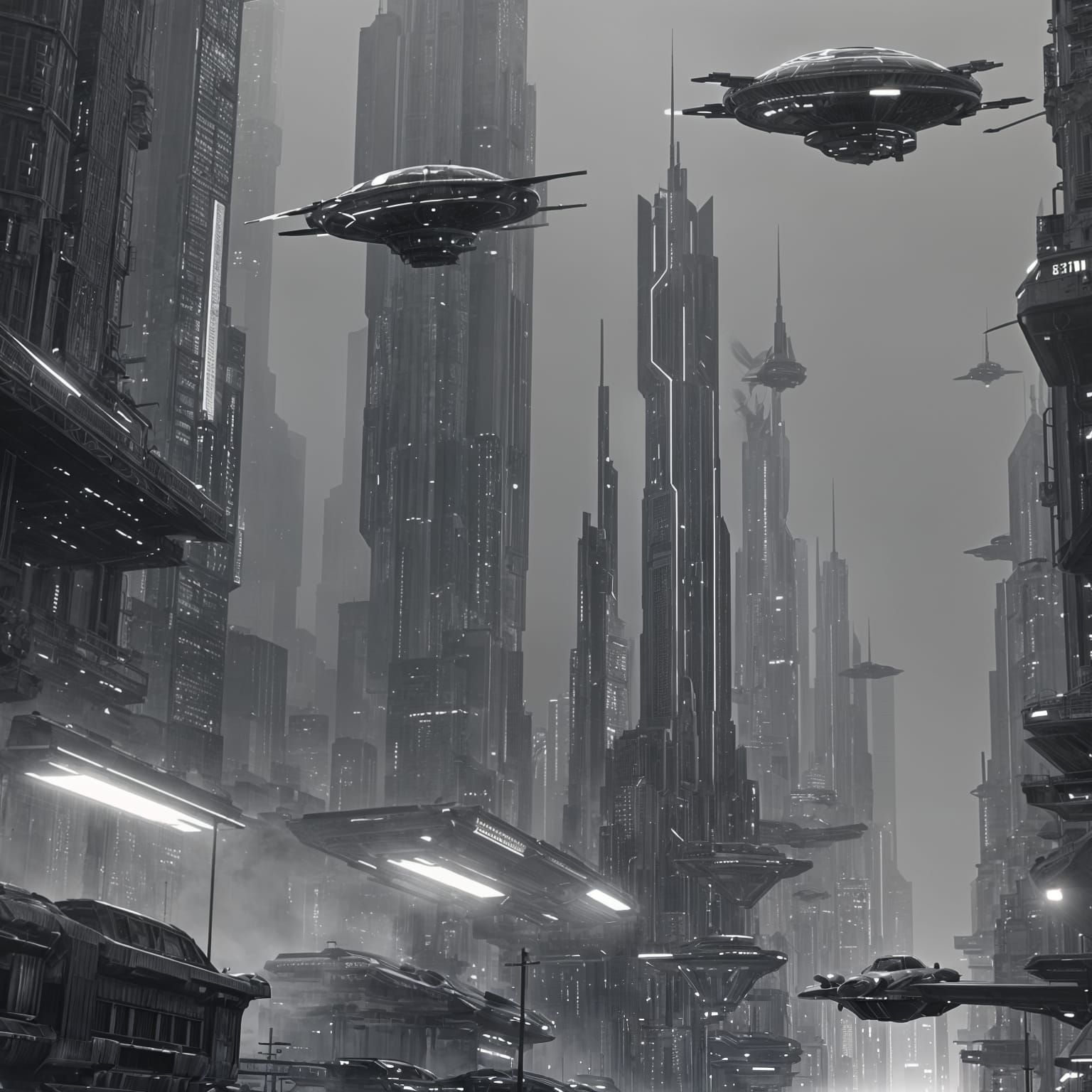 Monochrome Retro-Futuristic Cityscape
