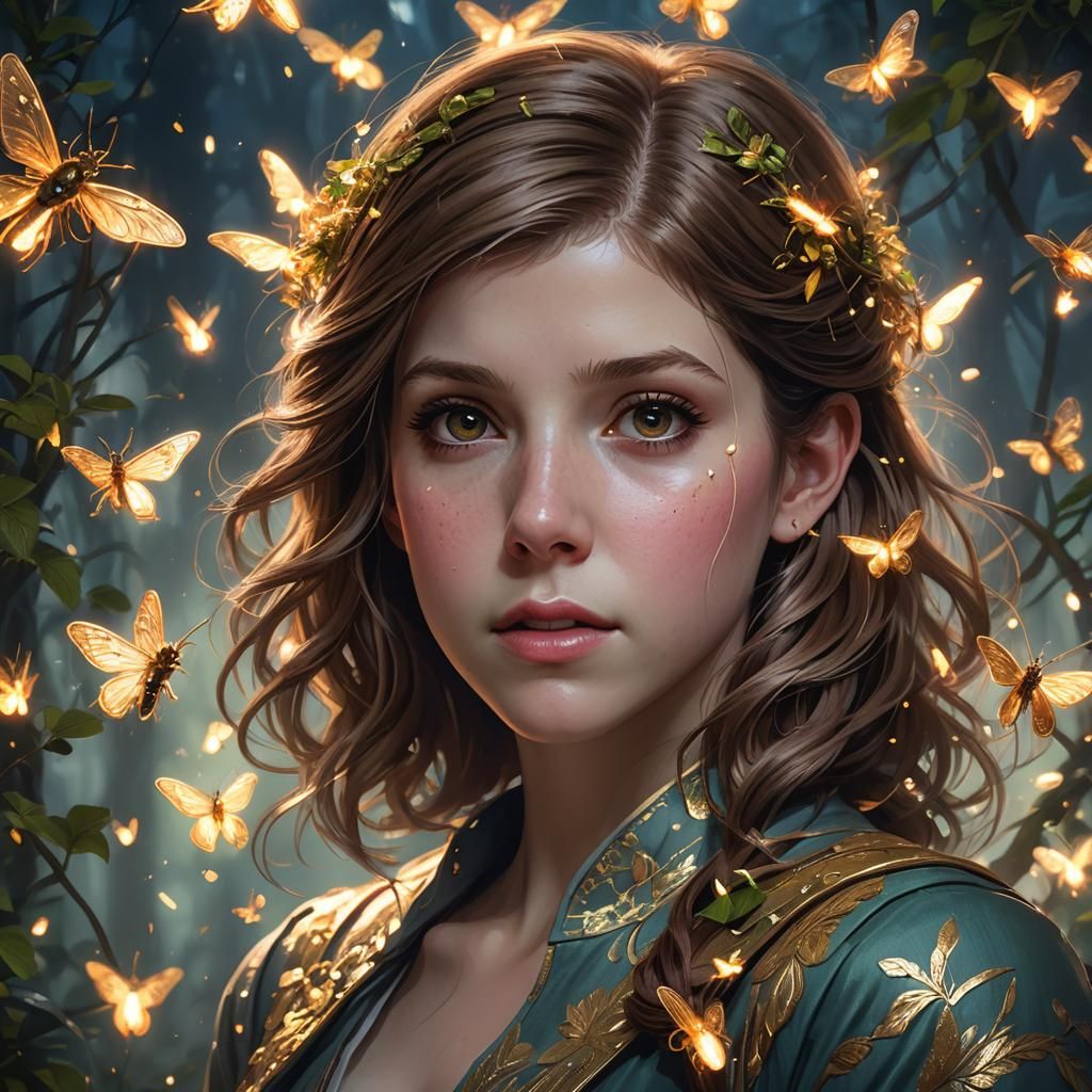 Anna Kendrick Portrait with Fireflies, Hyperdetailed Art