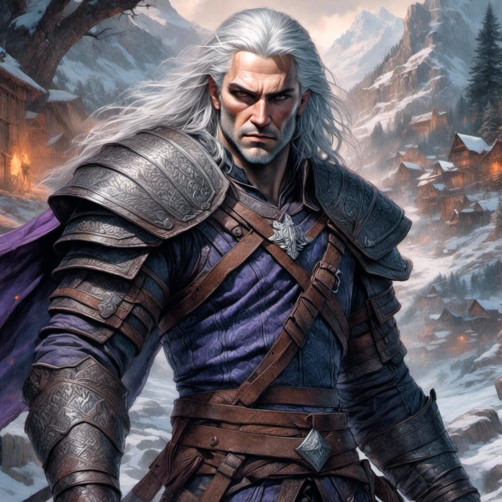 Mystic Witcher Oil Painting with Flowing White Hair