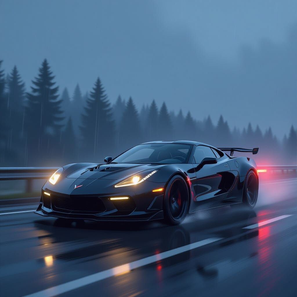 Corvette Speeds Down Rainy Highway in Futuristic Style