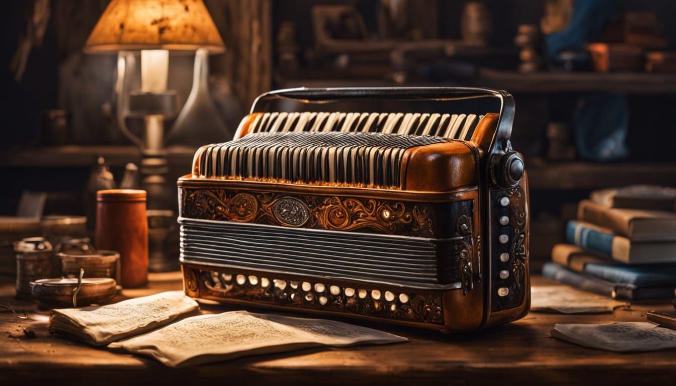 Mossy Accordion with Magical Symbols in Oil Painting Style