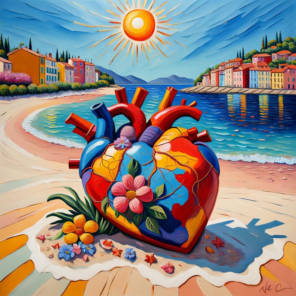Heart on French Riviera: Neo-Impressionist Oil Painting