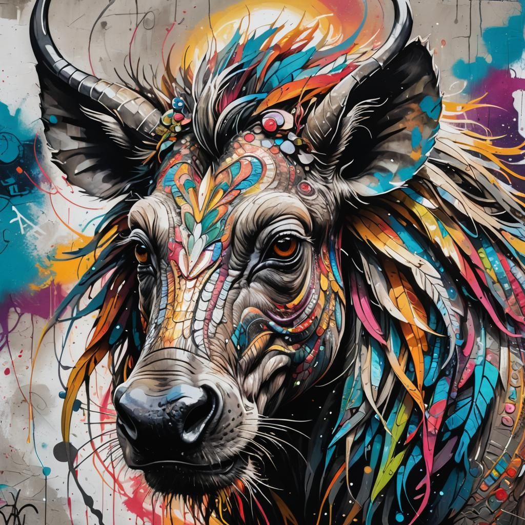 Mystical Warthog Monster in Polychromatic Street Art