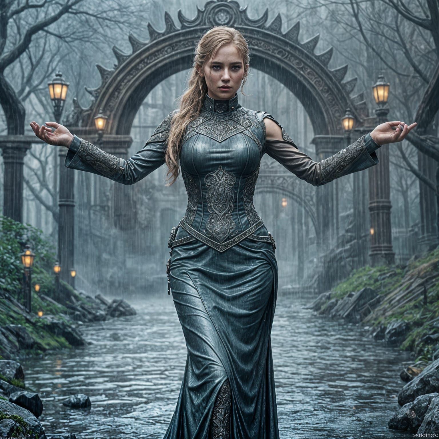 Hyperrealistic Woman in Dystopian Rainstorm, Intricate Dress...