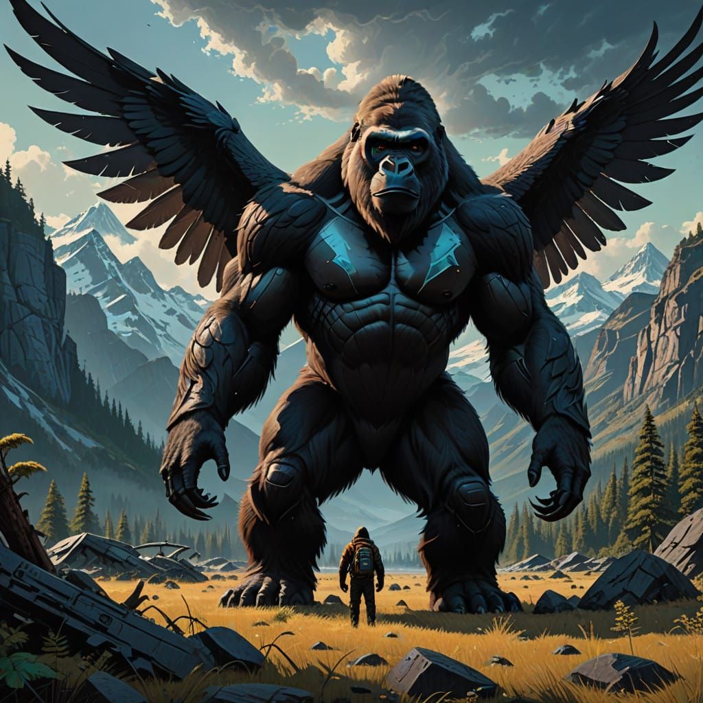 Epic Gorilla in Orkan Splendor with Eagle Wings and Triumpha...