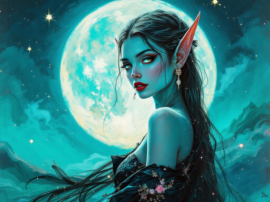 Fashionable Elf Geisha Under Bioluminescent Moon in Impasto ...