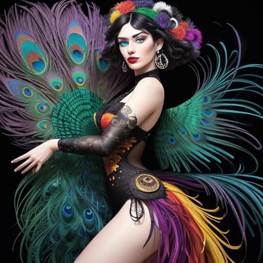 Abstract Portrait of Woman with Peacock Feathers