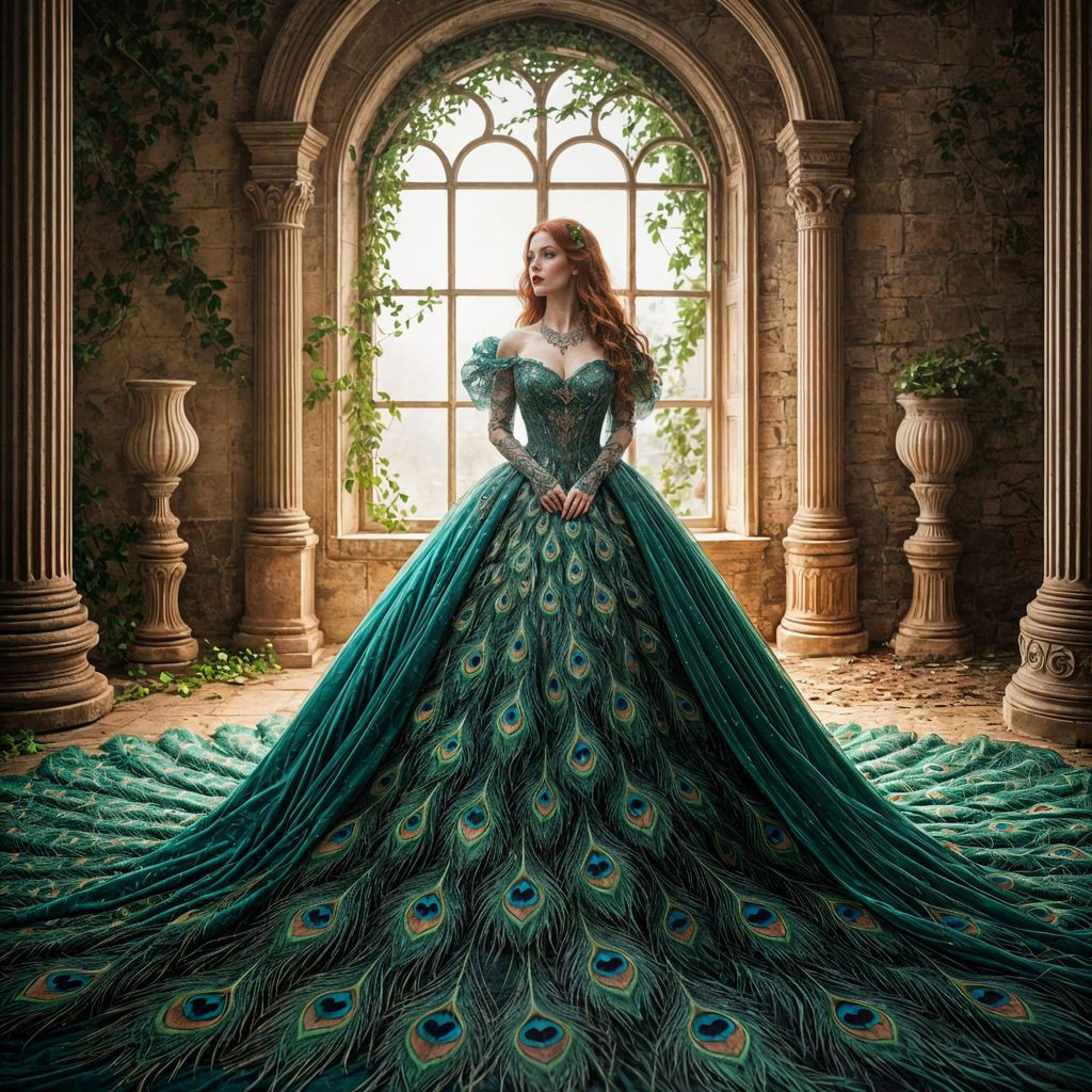 Emerald Gown Beauty in Dilapidated Castle, Fantasy Art
