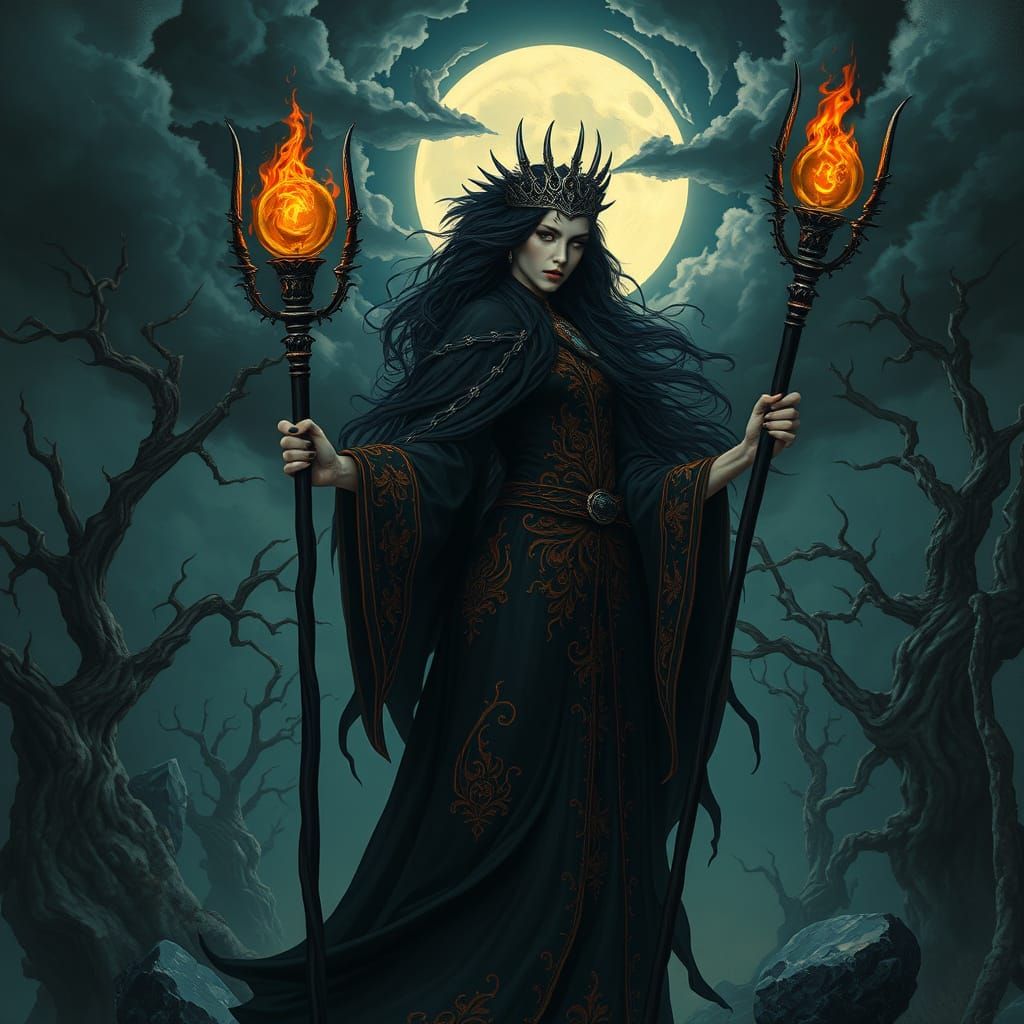 Sorceress Illuminated by Moonlight in Haunting, Mystical Lan...