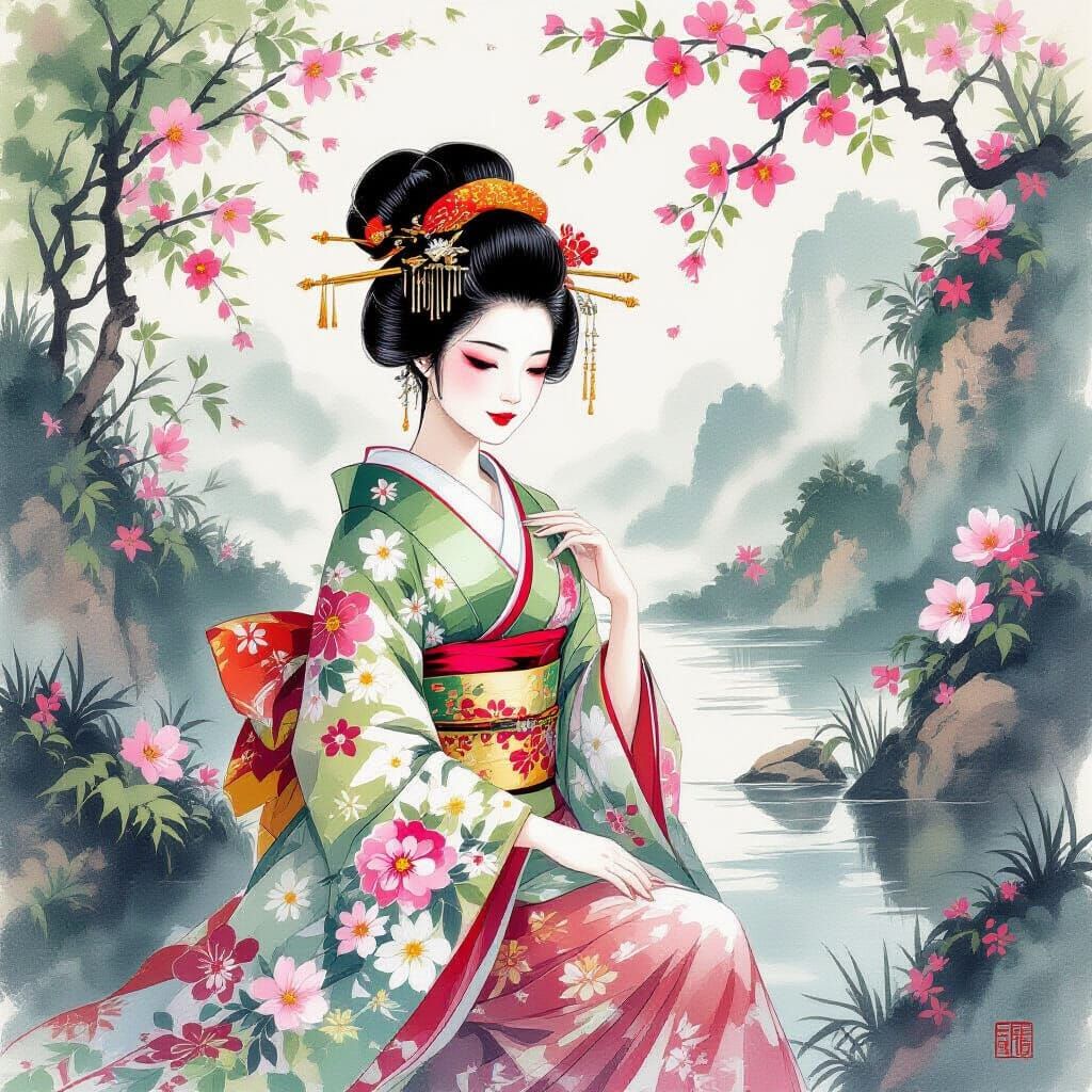 Geisha in Asian Landscape, Chinese Ink Painting