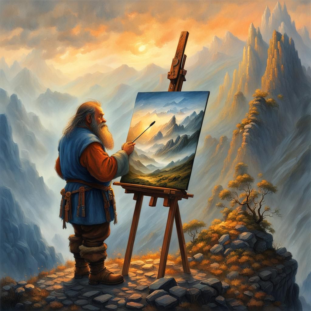 Dwarf Painter in Misty Mountain Valley, Fantasy Art