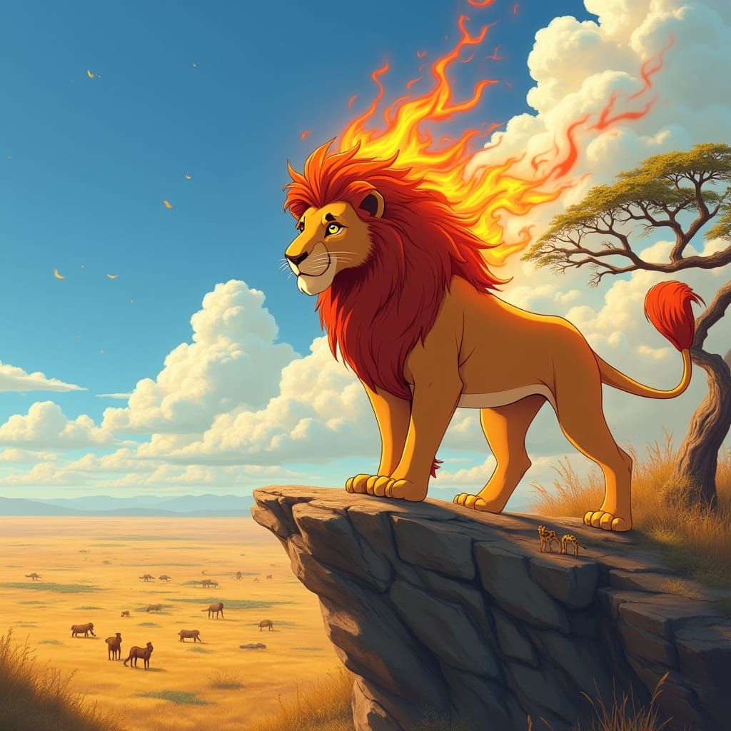 Regal Lion Surveys Vast Sunlit Savannah from Cliff