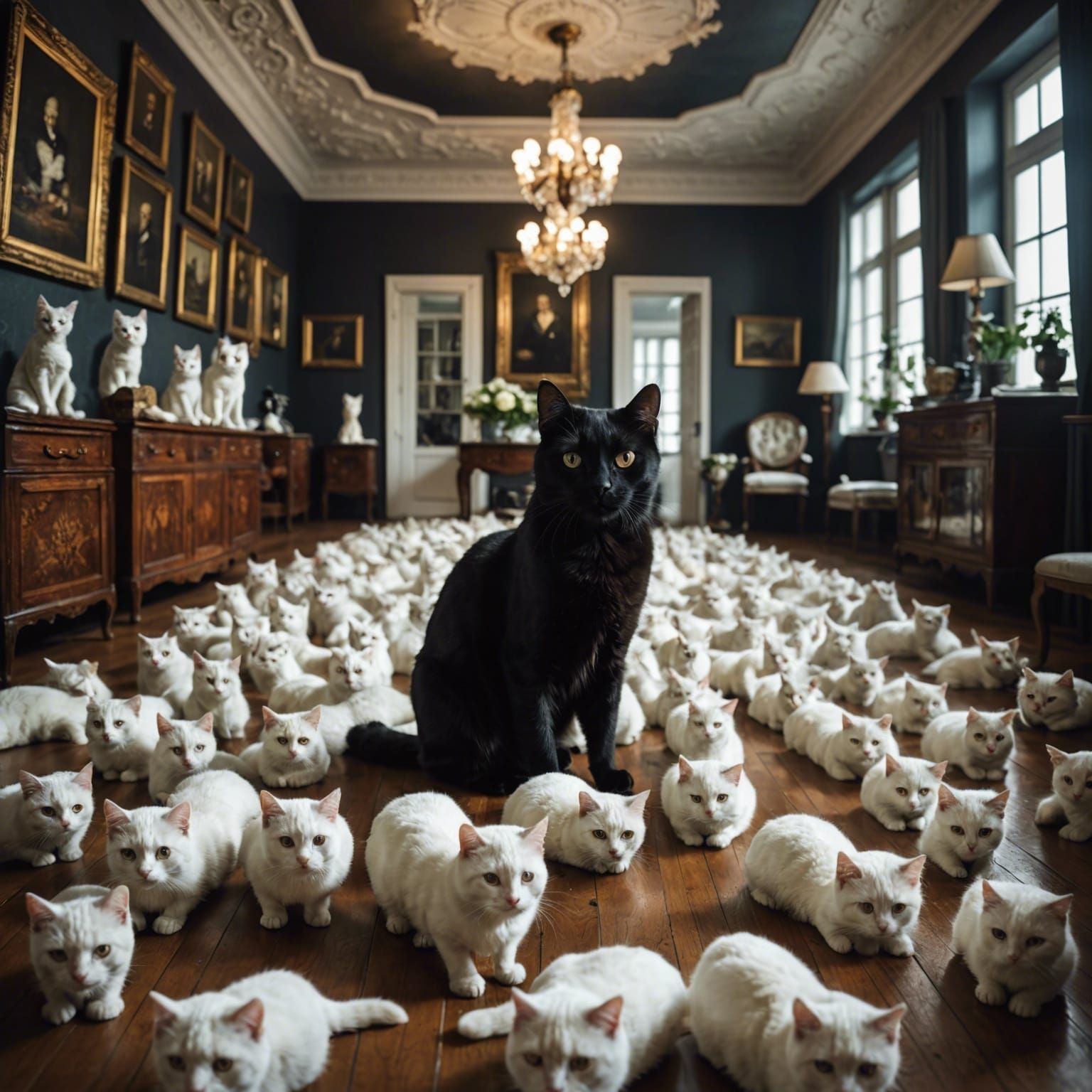 Black Cat Among White Cats: Hyperrealistic Image