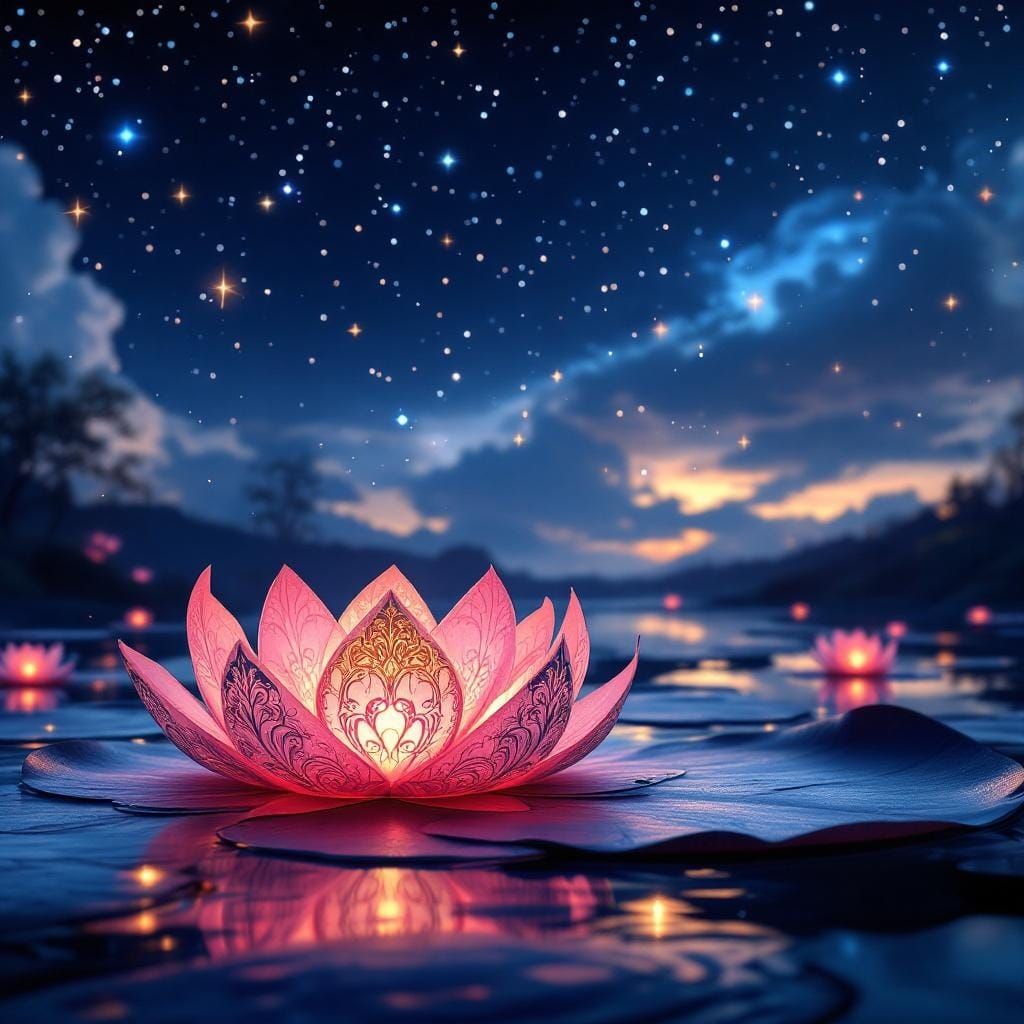 Paper Lantern on Lily Pad Under Starry Sky