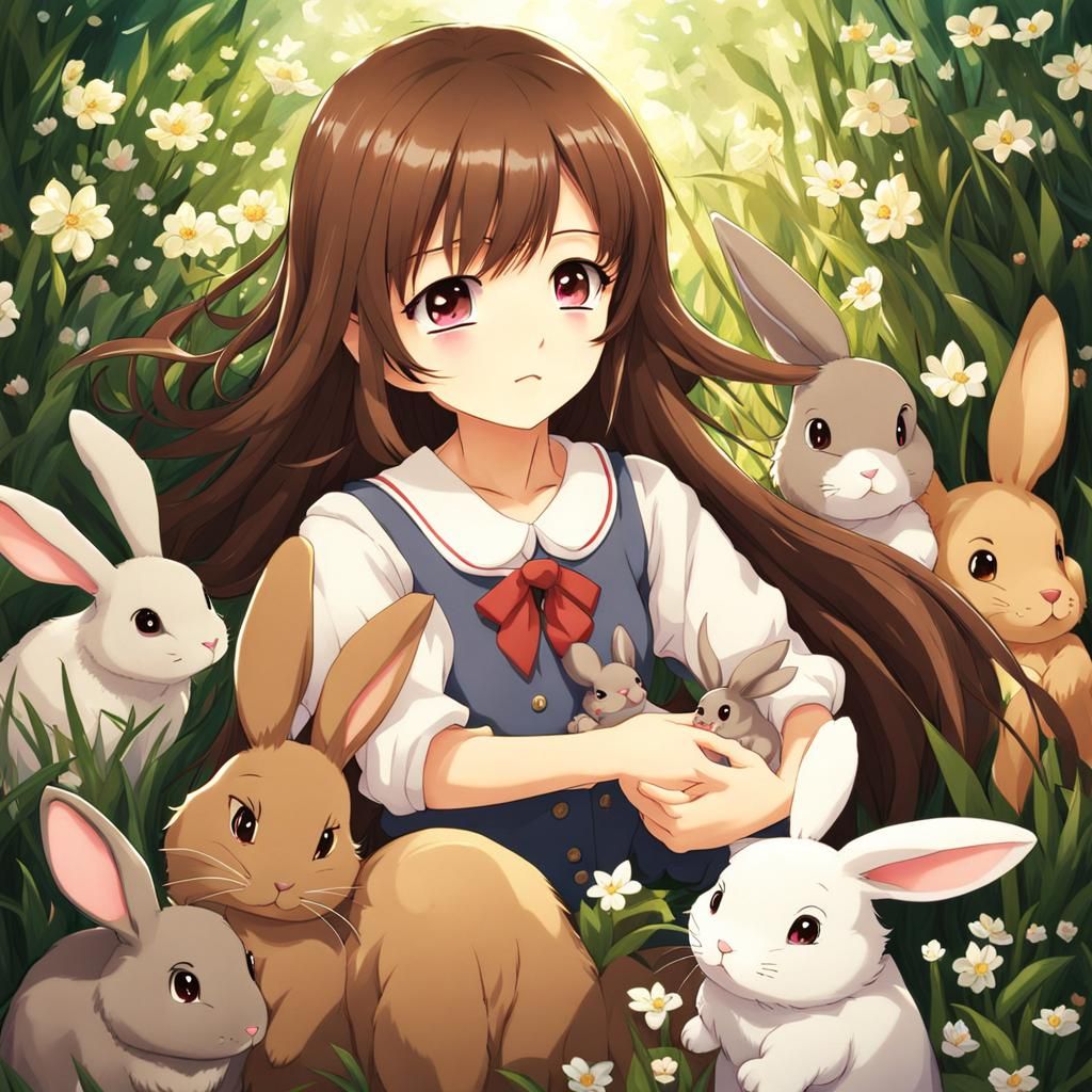Anime Style Girl with Rabbits