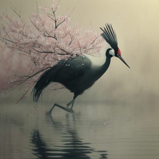 Red-crowned Crane in Cherry Blossom Grove at Dawn