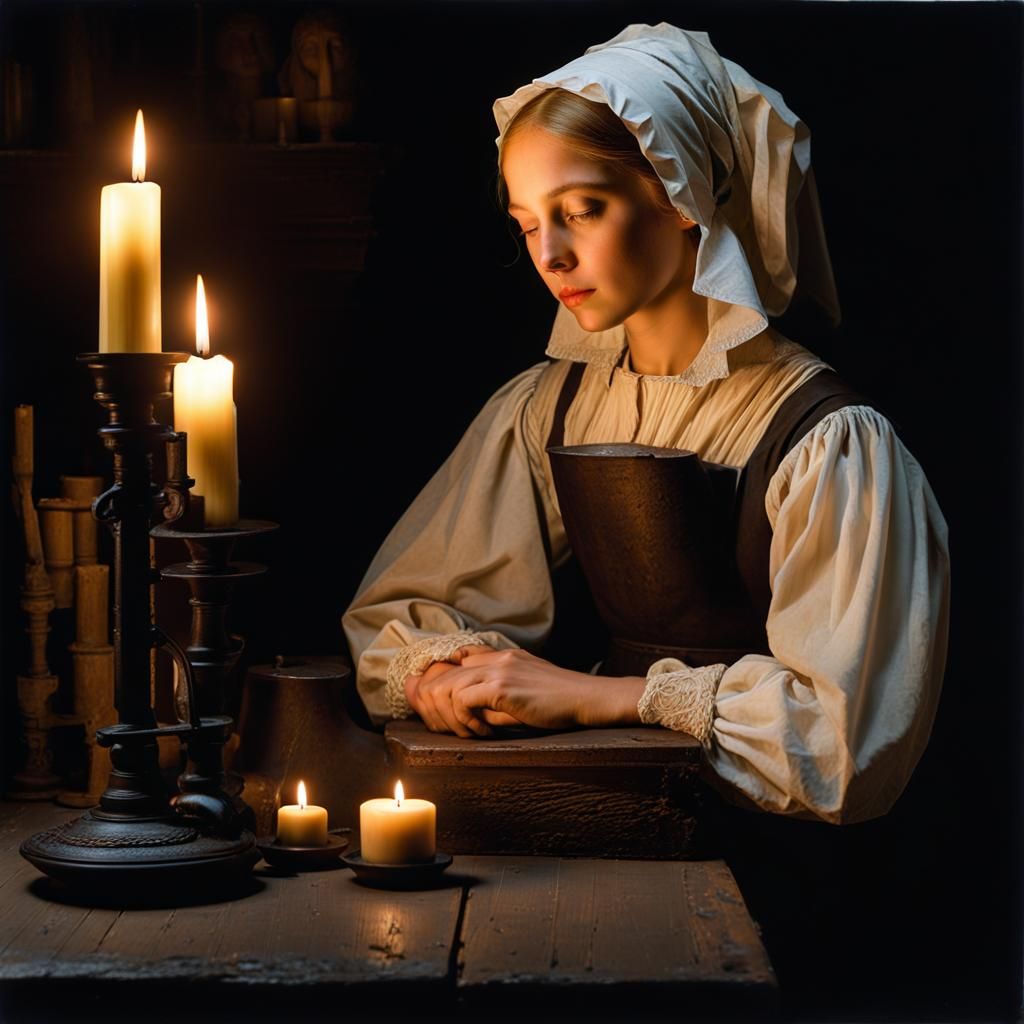 Side view of a beautiful young Tudor peasant girl, lit by candles.