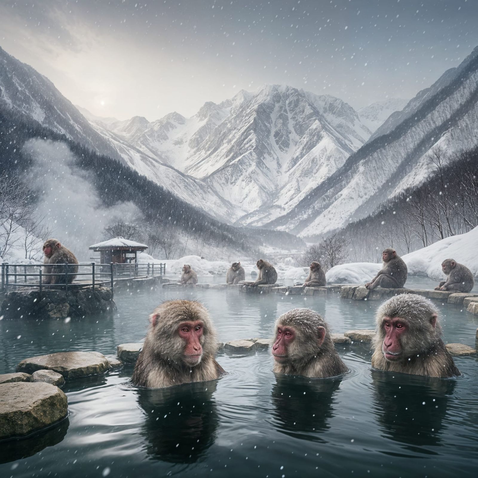 Japanese Macaques in Snowy Hot Springs Landscape