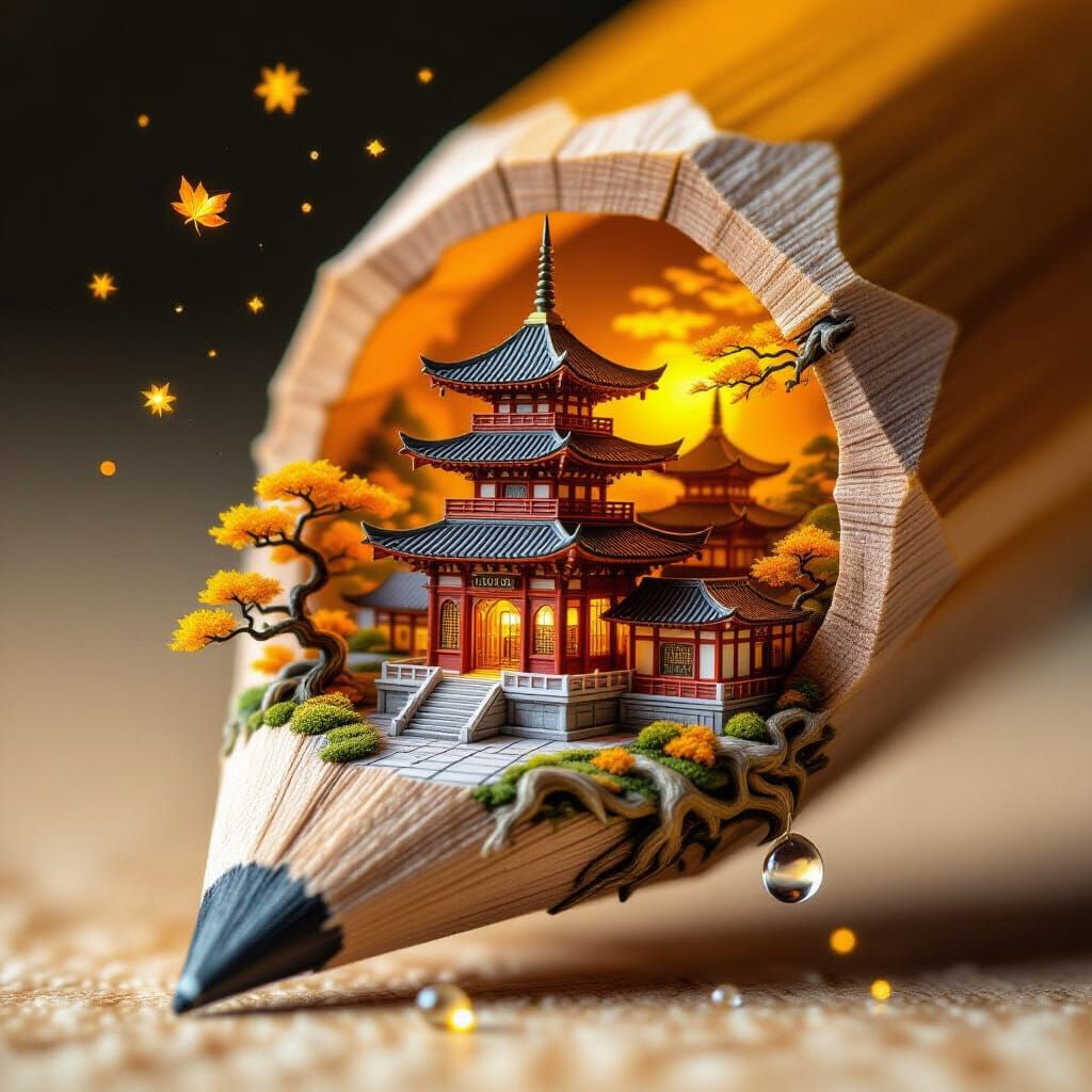 Miniature Pagoda Carving Inside a Pencil Tip